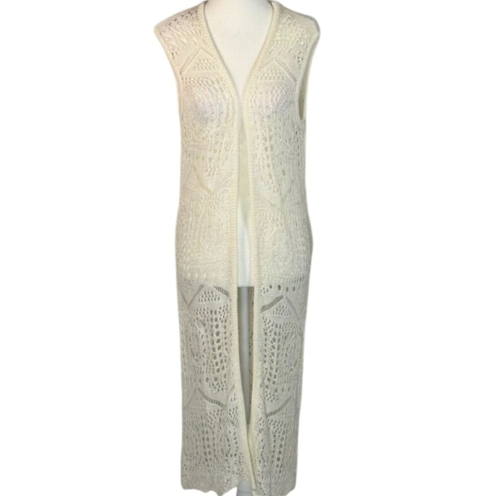 NEW Chelsea & Theodore Womens Sz M White Boho Peasant Beach Long Cardigan Vest
